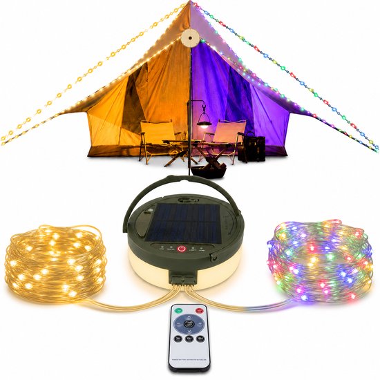 LYNEXA® Camping lamp - Zaklamp - Lichtsnoer Buiten - Lichtslinger - Kampeerlamp Oplaadbaar - 4in1 - 3600mAh Batterij - Warm Wit & RGB - 12 Lichtmodi - Powerbank USB & Zonne Energie - 10m