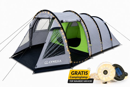LYNEXA® Tent - Kampeertent - Tunneltent met 2 Compartimenten - Koepeltent - Familietent voor 2 tot 4 Personen - Waterdicht & Windbestendig - Camping tent - Panoramische Ramen & Ventilatie - Voor Camping & Outdoor - Inclusief Gratis Kampeerlamp