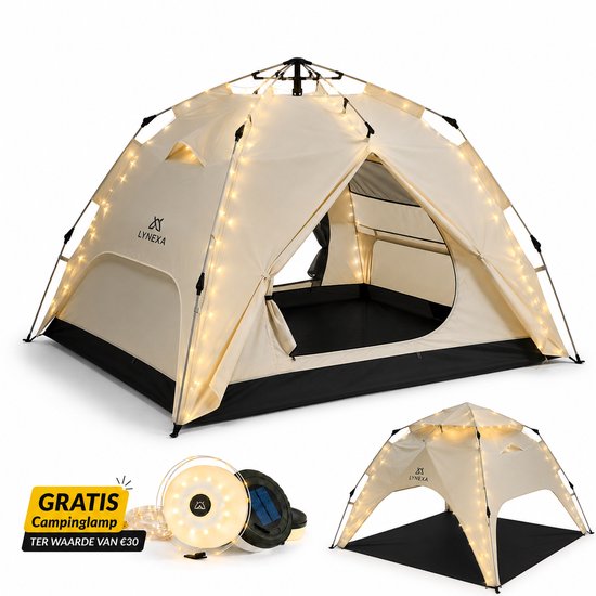 LYNEXA® Tent - Pop up Tent voor 2 tot 3 persoons - Waterdichte Kampeertent - Automatische Camping Tent -Snel Opzetbaar - UV Bescherming - Kamperen & Outdoor - Festival Tent - Lichtgewicht - Inclusief Draagtas & Campinglamp - 245x215x145cm - Zandkleur