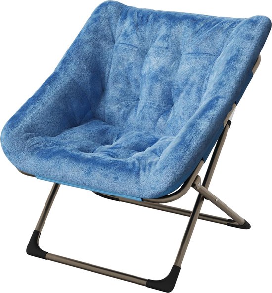Maanstoel Inklapbaar - Schotelstoel van Zacht Faux Fur - Relaxstoel met Elegante Gouden Poten - Comfortabele Luie Stoel voor Slaapkamer, Woonkamer en Studentenkamer - Belastbaar tot 136 kg - Blauw/Goud