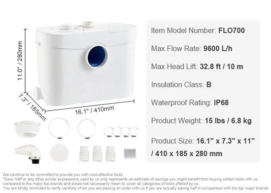 Macerator Pomp - Waterpomp - Vuilwaterpomp - 3 Inlaten voor Afvalwater Afvoer - 700W - 9600 L/h Capaciteit - 10m Opvoerhoogte van Merkloos