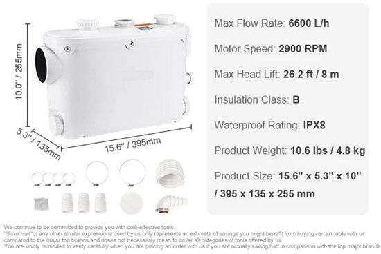 Macerator Pomp - Waterpomp - Vuilwaterpomp - 500W - 6600 L/u Capaciteit - 8m Opvoerhoogte - 3 Inlaten voor Afvalwater Afvoer van Merkloos