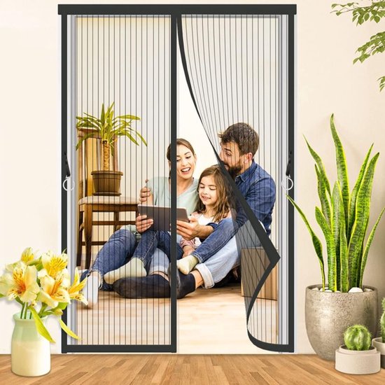 Magnetisch muggennet voor deuren en ramen 140x210cm zwart, anti-muggen magneet met duurzaam gaas, automatisch sluitend, vliegenscherm