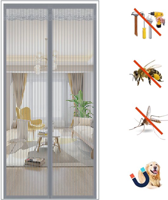Magnetisch Vliegengordijn - 210 x 90 cm - Horgordijnen - Deurgordijn - Horgordijn Bevestigen met Klittenband - Zelfsluitend - voor Nieuwbouw en Standaard Deuren - Geen Boren voor Balkon Patio - Grijs