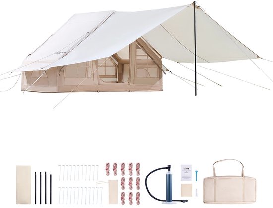 MakkelijkMooi Opblaasbare Tent met Luifel - Opblaasbare Tent 3-5 Personen – PU3000 – incl. Pomp & Luifel & plek voor Kachelpijp van Merkloos