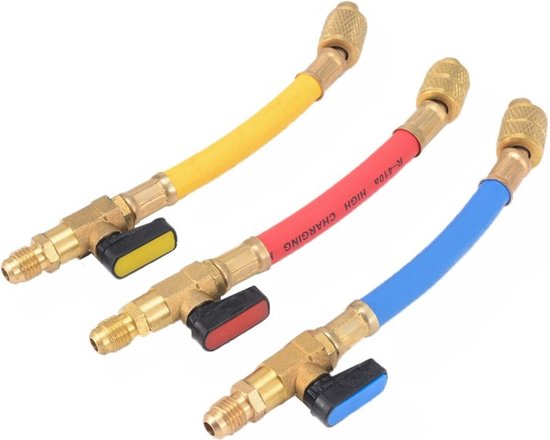 Manometer slangen, koppel Set 3 stuks met afsluitkranen, voor airco aansluiting R32 en R410 van Toolland