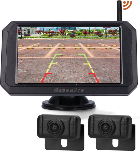 MasonPro Achteruitrijcamera - 2 x Draadloze Achteruitrijcamera - Achteruitrij Camera voor Auto, Bus, Camper, Caravan Vrachtwagen en Landbouw - Waterdicht - Nachtzicht - Complete Set - 5 Inch van Merkloos