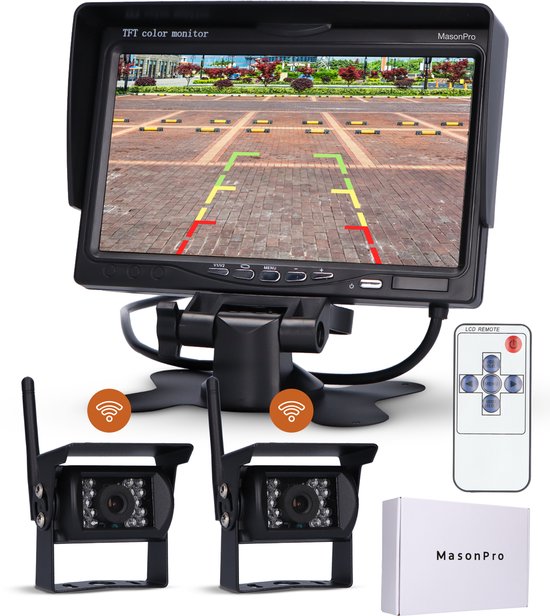 MasonPro Achteruitrijcamera Advanced - Draadloos – Achteruitrij Camera voor Auto, Bus, Camper, Caravan Vrachtwagen en Landbouw – Waterdicht – IR Nachtzicht - 7 Inch van Merkloos
