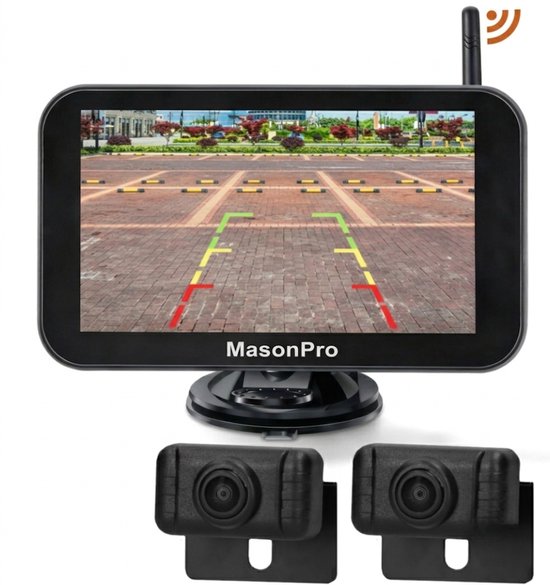 MasonPro Achteruitrijcamera Set met 2 Camera’s - Draadloos - Achteruitrij Camera voor Auto, Bus, Camper, Caravan Vrachtwagen en Landbouw - IP69 Waterdicht - IR Nachtzicht 15 M - 7 Inch