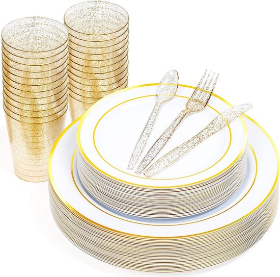 MATANA 150-delig Plastic Feestservies - 50 Witte Feestborden met Gouden Rand (2 Maten), 25 Lepels, 25 Vorken, 25 Messen, 25 Feestbekers - Bruiloften en Verjaardagen van MATANA