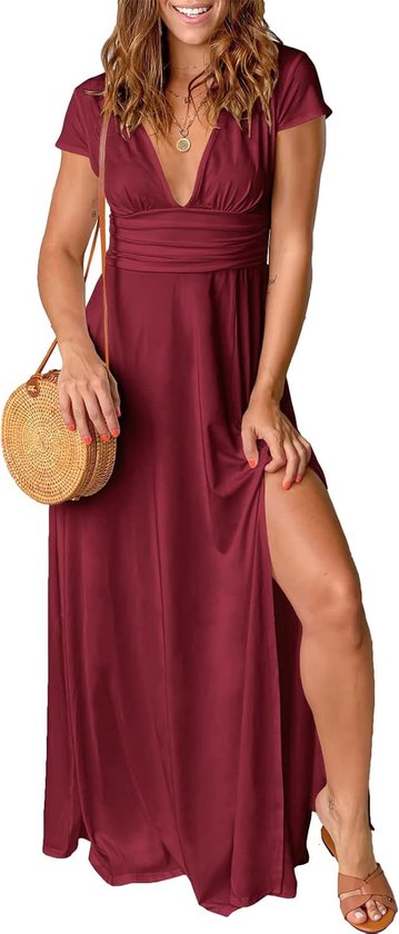 Maxi-jurk voor dames, zomer, korte mouwen, strandjurk, V-hals, jurk, hoge split, lange avondjurken, elegant voor bruiloft, cocktailjurk, bordeauxrood (claret), XL