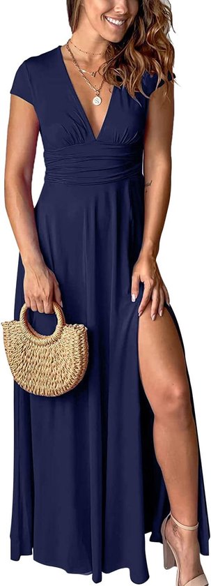 Maxi-jurk voor dames, zomer, korte mouwen, strandjurk, V-hals, jurken, hoge split, lange avondjurken, elegant voor bruiloft, cocktailjurk