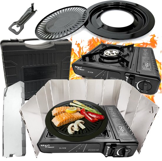 MaxiCamp - Campingkooktoestel BLACK - 2100 W - met grillplaat en windscherm