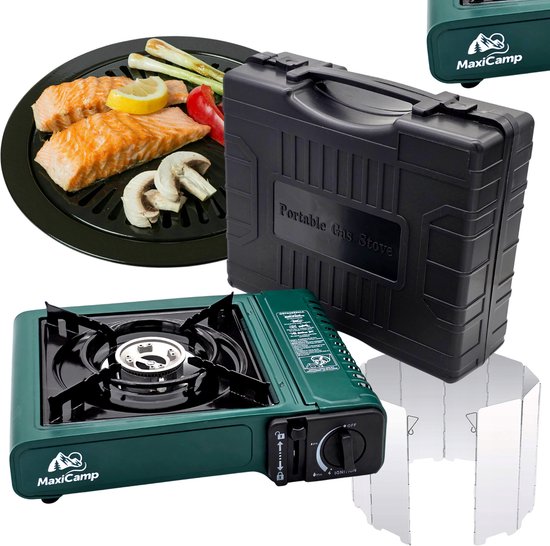 MaxiCamp - Campingkooktoestel GREEN SafeTwist-Off - grillplaat en windscherm