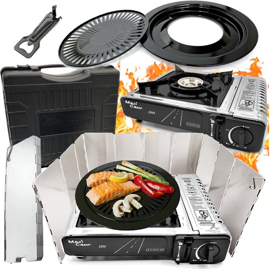 MaxiCamp - Campingkooktoestel INOX - 2100 W - met grillplaat en windscherm