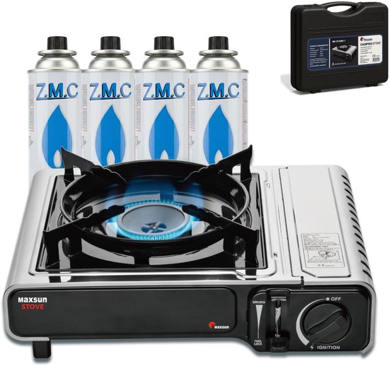 Maxsun Premium Camping Gasstel 2.2 kW – Butaan Kooktoestel – RVS – Veiligheidsslot – Inclusief 4 Gasbussen & Draagkoffer – Voor Camping & Noodpakket van Merkloos