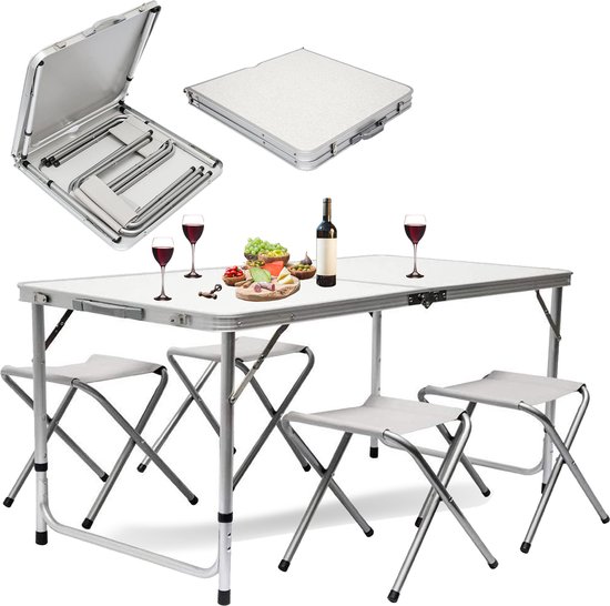 MaxxGarden Opvouwbare Picknicktafel - Biertafel met banken - Vouwtafel - campingtafel set - Plooitafel 4 persoons - Wit - 120 x 70cm van Merkloos