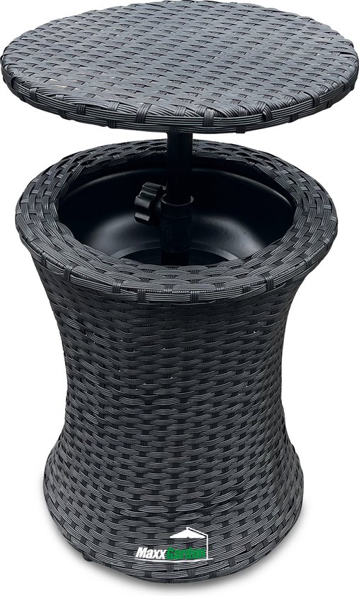 MaxxGarden Rattan Bijzettafel - Cool-bar - Ingebouwde Ijsemmer met deksel - Bijzet tafel Rond Buiten - Rattan - 42x54cm - Zwart van Merkloos