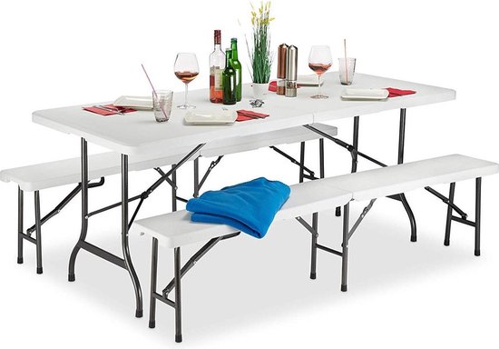 MaxxGarden tuinset picknick Biertafel met banken - Vouwbare tuintafel + 2 vouwbare zitbanken - wit van MaxxGarden