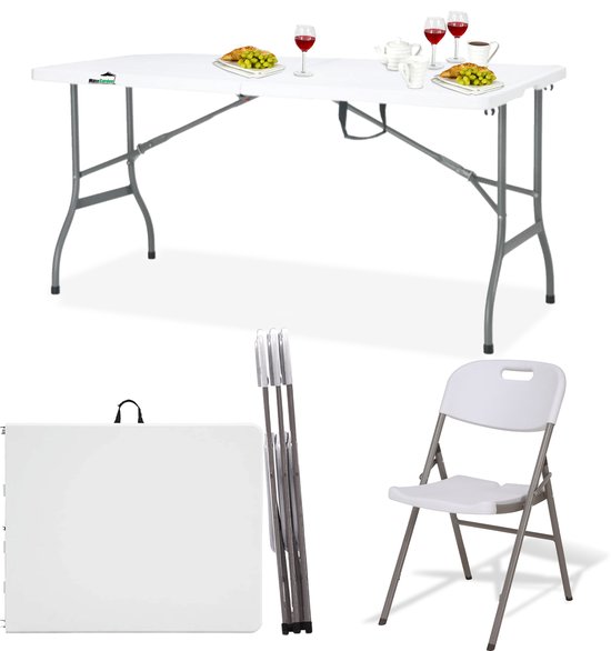 MaxxGarden Vouwtafel - Campingtafel - Inklapbare Picknickset - Campingset met 4 stoelen - 152cm - Wit
