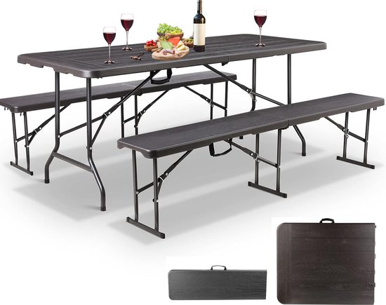 MaxxGarden Vouwtafel - inklapbare picknickset - inklapbare tafel- Plooitafel - 2 zitbanken - Rotan look - zwart