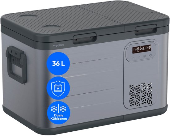 MEDION Compressor koelbox 36 L draagbaar, dubbele koelzones, 12 V 24 V 230 V adapter auto vrachtwagen camping boot tuin festival, aluminium design, MD370026 van Merkloos
