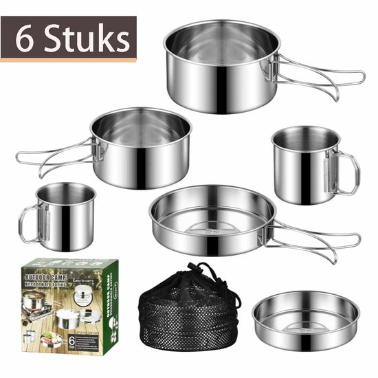 Meedeer 6-Delige Buiten Kamperen Kookgerei Set-Roestvrijstalen Set voor Picknicks-Mini picknick kookset-Kamperen en Buitenactiviteiten-Ideaal voor gezinnen-geschikt voor wandelen-vrienden en avonturiers opweg naar de natuur