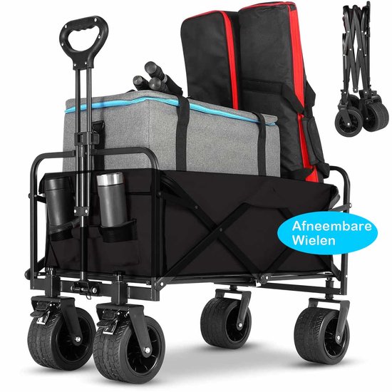 Meedeer Bolderkar Opvouwbaar en Draagbaar(Kleur:Zwart)-Outdoor Vierwielig-150kg draagvermogen-Afneembare wielen-Draaibare Wielen-Kampeerwagentje-Voor Picknick, Supermarkt, Vissen, Boodschappen doen（76*46*24cm） van Meedeer