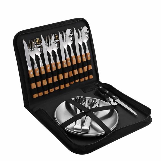 Meedeer Campingservies-set voor 4 personen-20 delige-outdoor servies- Picknick set-bestek camping met lepel-vork-mes-bordclip-reisorganizer-campingset voor reizen-picknick-barbecues-feestjes