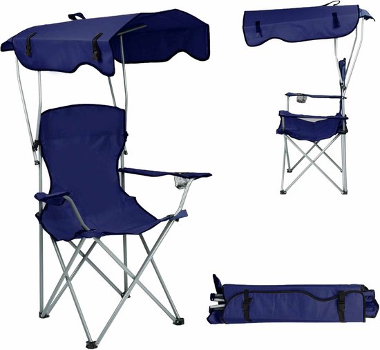 Meedeer Opvouwbare campingstoel met dak-Strandstoelen met parasol voor buiten-Bekerhouder-Draagbaar- Visstoel voor camping, vissen, uitstapjes, strand (blauw)