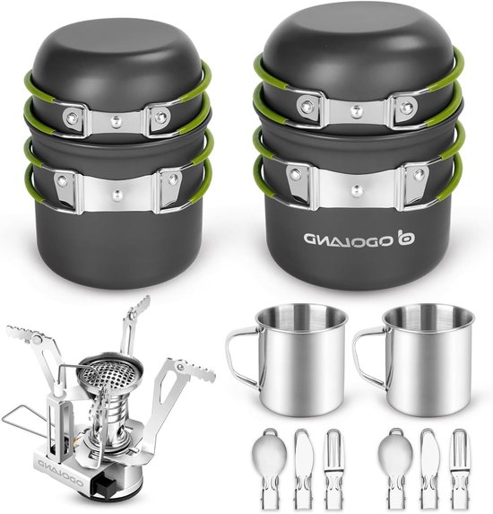 Meerdelige Camping Pannenset met Ultralichte Brander – Aluminium Koekenpan en Compact Kampeergerei, Duurzame Outdoor Kookset voor Wandelen, Vissen en Kamperen