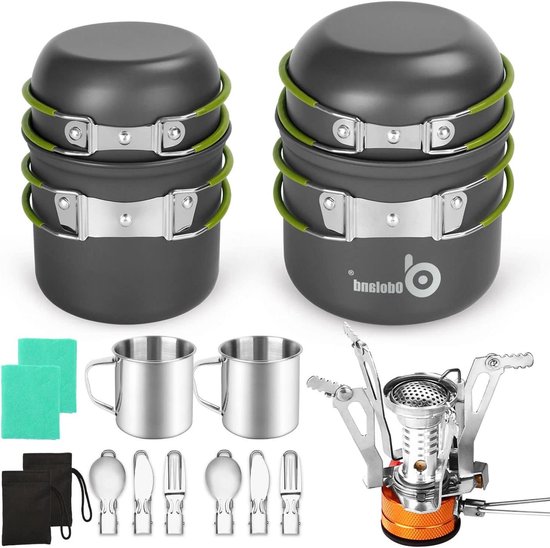 Meerdelige pannenset - aluminium koekenpan voor op de camping - duurzaam en compact - kampeergerei compleet - uiterst lichte brander - wandelen en vissen. van Odoland