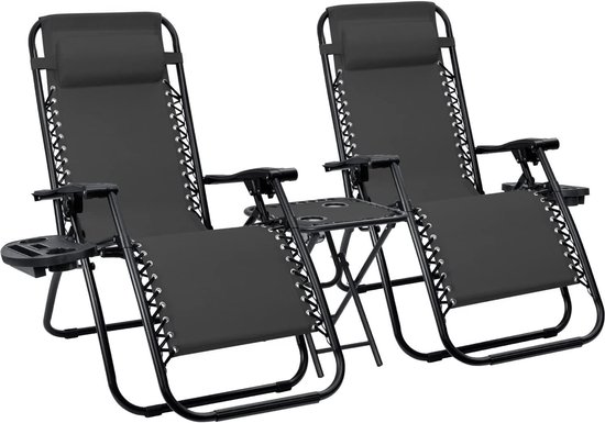 Meisterhome® Opvouwbare tuinstoelen met tafel – set van 2 stuks + bijzettafel - Inclusief Hoofdkussen en bekerhouder - Zonnebed – Tuinstoel - Ligstoel – Campingstoel - Verstelbaar - Tuin - Weerbestendig – Zwart