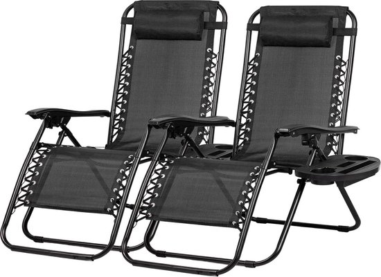 Meisterhome® Opvouwbare tuinstoelen – set van 2 stuks - Inclusief Hoofdkussen en bekerhouder - Zonnebed – Tuinstoel - Ligstoel – Campingstoel - Verstelbaar - Tuin - Weerbestendig – Zwart