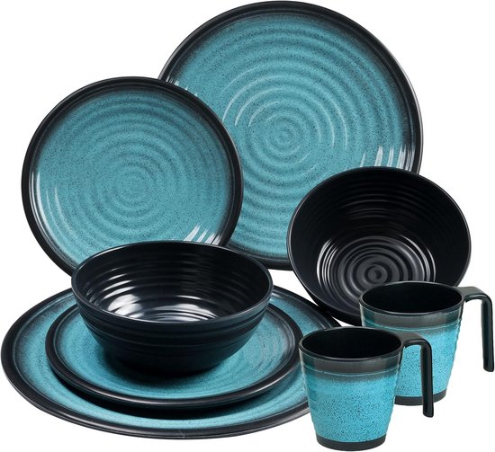 Melamine Campingservies Set voor 2 Personen - 8 Delig - Blauw Zwart met Borden en Kopjes - Duurzaam Kampeerbestek