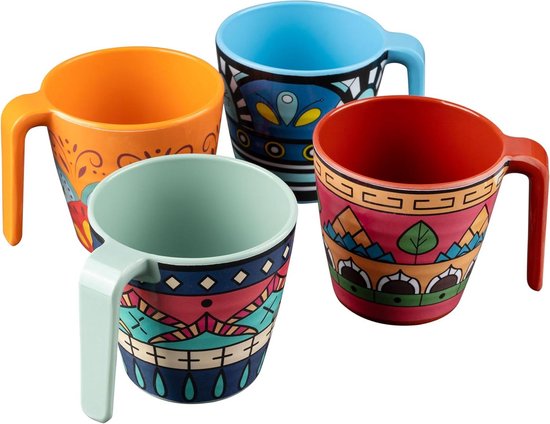 Melamine Mokken Set - Buiten Servies - Kamperen en Picknick - Mandala Design - 4 Stuks 350ml - Multicolor