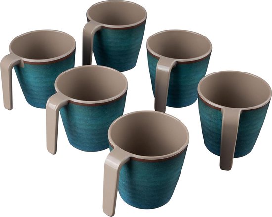 Melamine Mokken Set - Camping Bekers - Buitenactiviteiten - Stapelbaar Stoneware Look - 350 ml 6 Stuks - Groen
