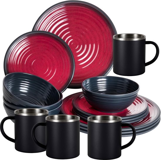 Melamine servies set - Buiten servies - Kamperen en picknicken - Dubbelwandige mokken - 4 personen - Rood zwart