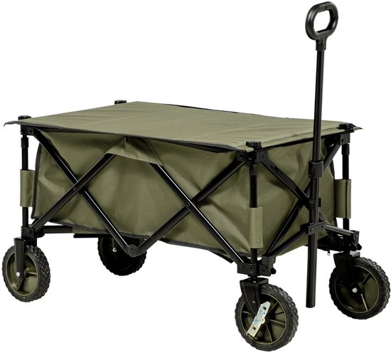 Merax Opvouwbare Bolderkar Met Tafelblad en Opbergvakken – Strandkar Met Verstelbare Duwstang en Rem – Groen – 108x55x93 cm van Merkloos