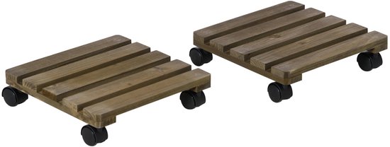 Merax Plantenroller 2 Stuks - Donkerbruine Houten Bloempotroller Met Wielen En Remmen - Plantenstandaard Voor Binnen En Buiten - 30 x 30 x 7 cm