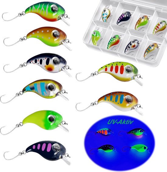 Messeneuheit 2023 Forel Wobbler Set drijvend 8 stuks 2 g 3 cm in lokdoos | 1-2 meter dompeldiepte | wobbler forel met enkele haak | mini wobbler forel baars saibling kopöbel