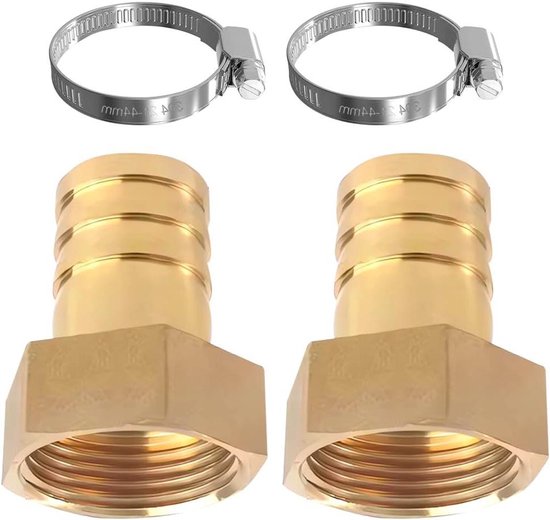 Messing slangtule 1 inch IG met 19 mm slangschroefverbinding - Set van 2 stuks met slangklemmen - Binnendraad stekkeradapter voor tuit slangaansluiting van Merkloos