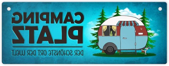 Metalen Bord Blauw - Camping Decoratie - Caravan Versieren - Caravan Motief - 75x20 cm - Blauw