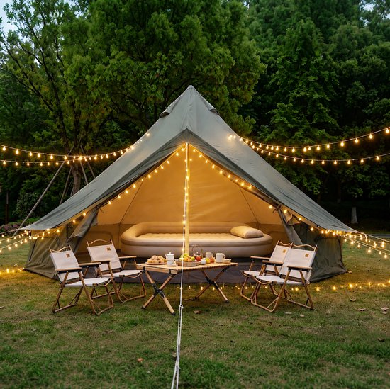 MEUNIQ Bell tent 300 x 300 x 200 cm voor 3-4 personen - 4-seizoenentent met kacheldoorvoer, gaasramen en insectenwerende deur - Donkergroen