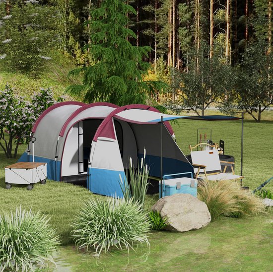MEUNIQ tunneltent voor 3 personen 420 x 200 x 150 cm met 2 ruimtes, voorzelt, 3 ingangen, lampenhaak, 2000 mm waterkolom, polyester, rood