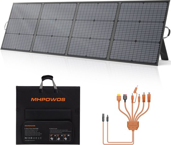MHPOWOS 220W Opvouwbaar Zonnepaneel, Monokristallijn ETFE, IP67 Waterdicht met steunen, voor draagbare krachtstations, camper en kamperen