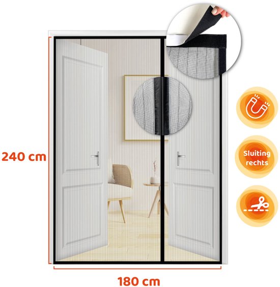 MijnVliegengordijn.nl – Premium Magnetisch Vliegengordijn 2026 - 180x240 cm (sluiting rechts) - Hordeur voor enkele & dubbele tuindeuren - Zelfsluitend - Met klittenband - A-kwaliteit – Kind en diervriendelijk