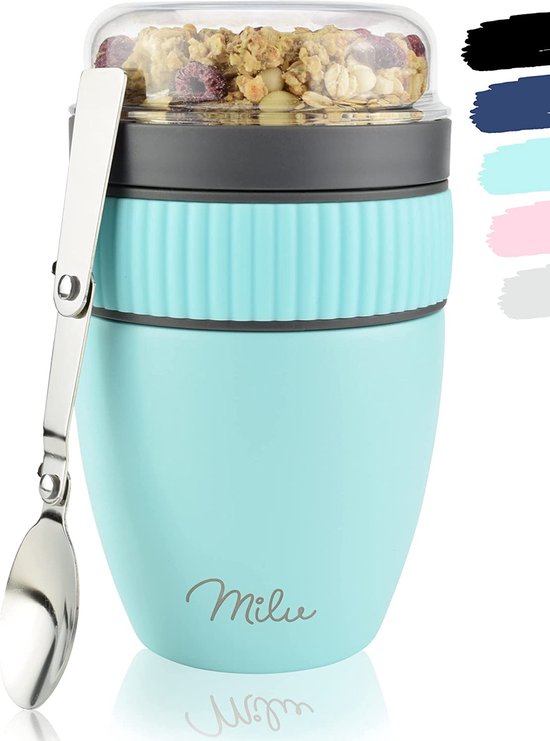 Milu Muesli beker to go 400ml I geïsoleerde yoghurt beker voor muesli I lekvrije beker met lepel voor yoghurt / pap (Turkoois) van Mi