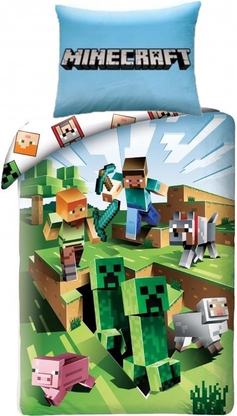 Minecraft Dekbedovertrek Battle - Steve - Creeper - Sheep - 140 x 200 cm