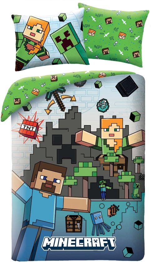 Minecraft Dekbedovertrek Blocks - 140 x 200 cm / 70 x 90 cm - Katoen van Merkloos